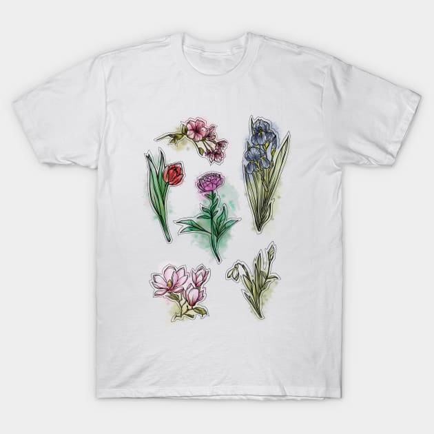 Spring Flowers set, Art Nouveau flower pattern, nature, Tulip, Iris, Cherry blossom, Primrose, Pastel, Watercolor style T-Shirt by SSINAMOON COVEN